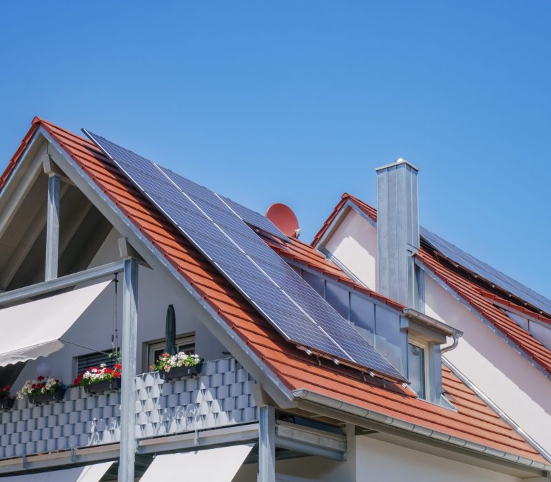 An image of a home with solar energy green plants and sunny blue sky